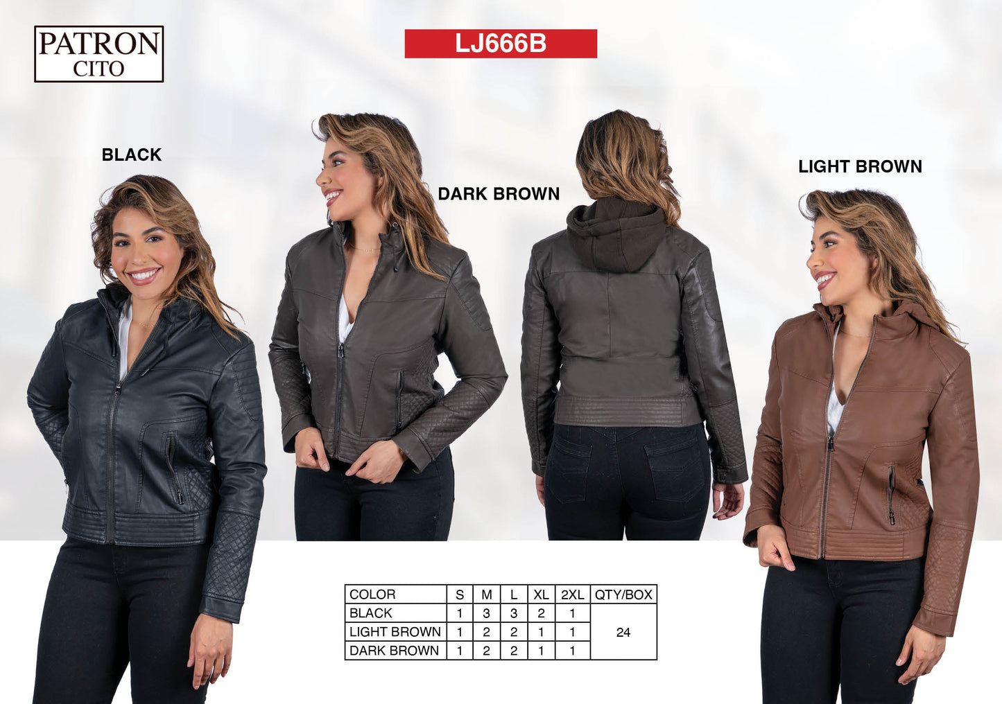 Women's PU Leather Hoodie Jackets (S-M-L-XL-2XL / 3-7-7-4-3) 24 pcs