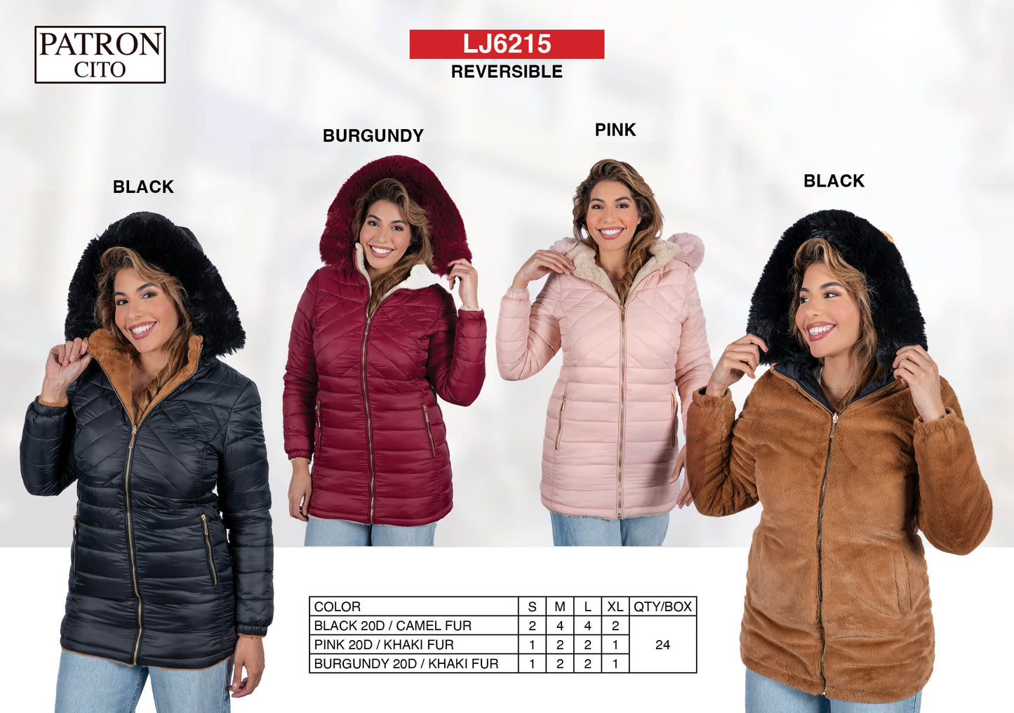 Women's Reversible Padded Fur Hoodie Jackets (S-M-L-XL / 4-8-8-4) 24 pcs