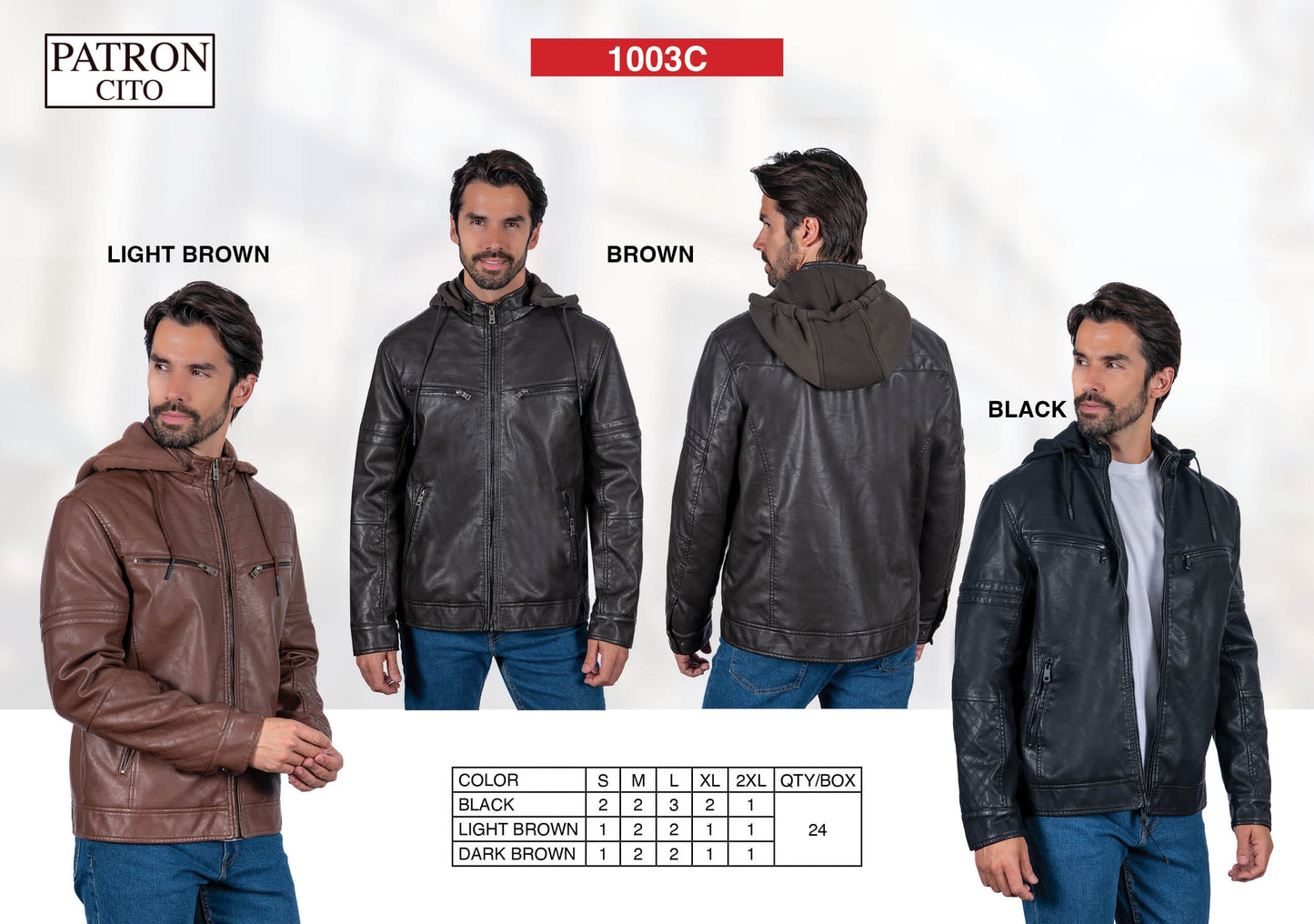 Men's PU Leather Hoodie Jackets (S-M-L-XL-XXL / 4-6-7-4-3) 24 PCS